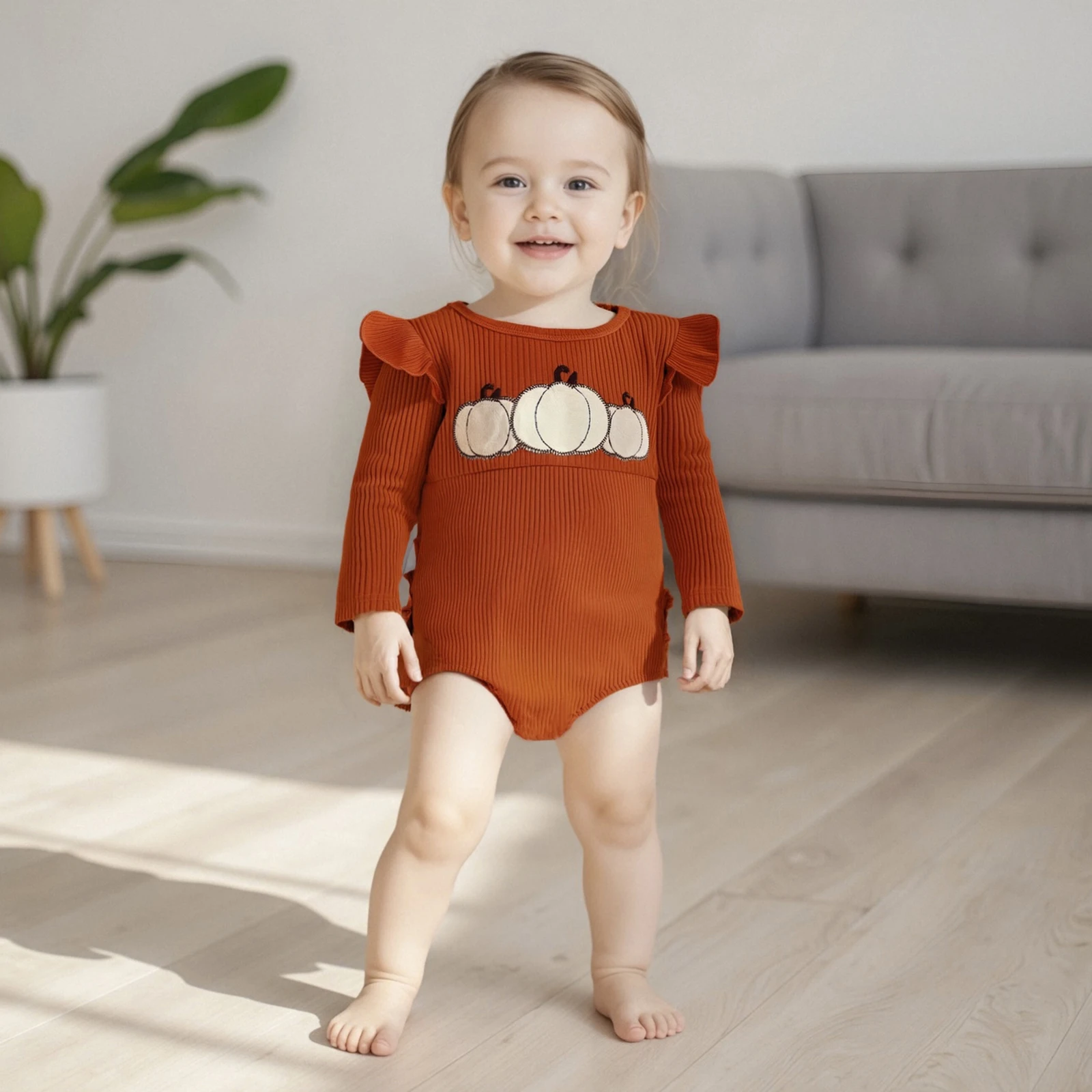 

Baby Clothing Girl Pumpkin Embroidered Jumpsuit Newborn Halloween Long Sleeve Round Neck Ruffle Romper Clothes