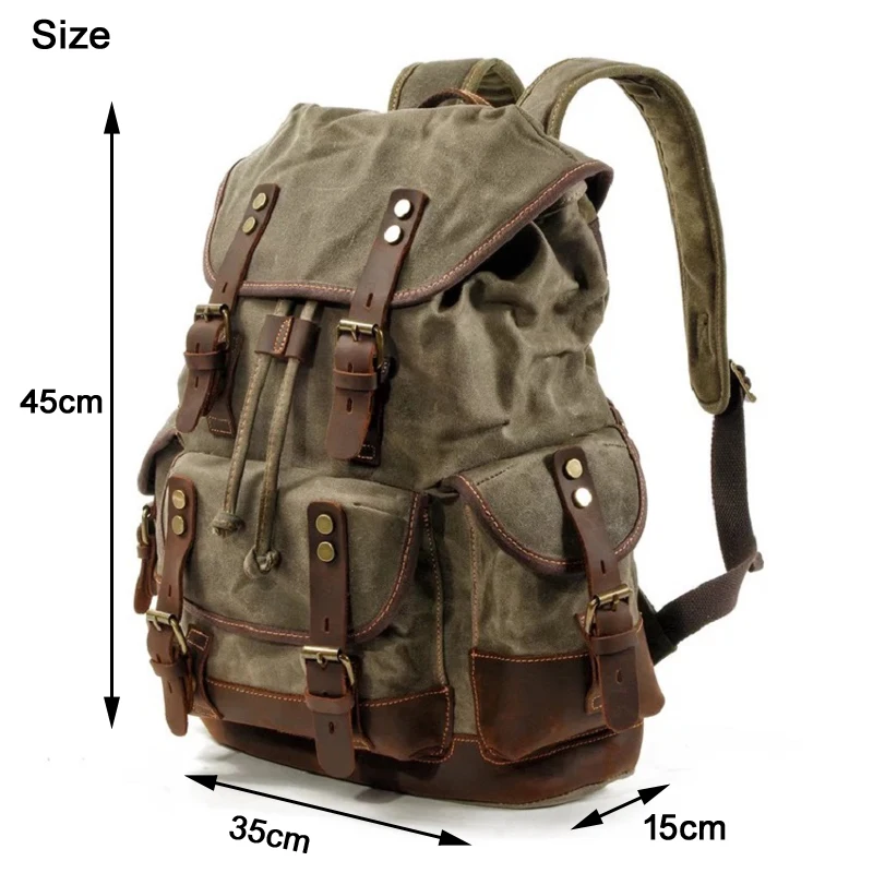 Vintage Waterproof Waxed Canvas Backpacks Leather Men School Bag Bagpack large Daypack High Quality Laptop Backpack Bag Rucksack