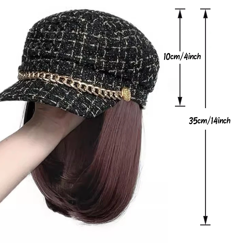 MSTN Straight Hair Hat Wig Medium Long Hair Black Beret Autumn Winter Hat Chemical Fiber Wig Hair Extensions Hair Accessories