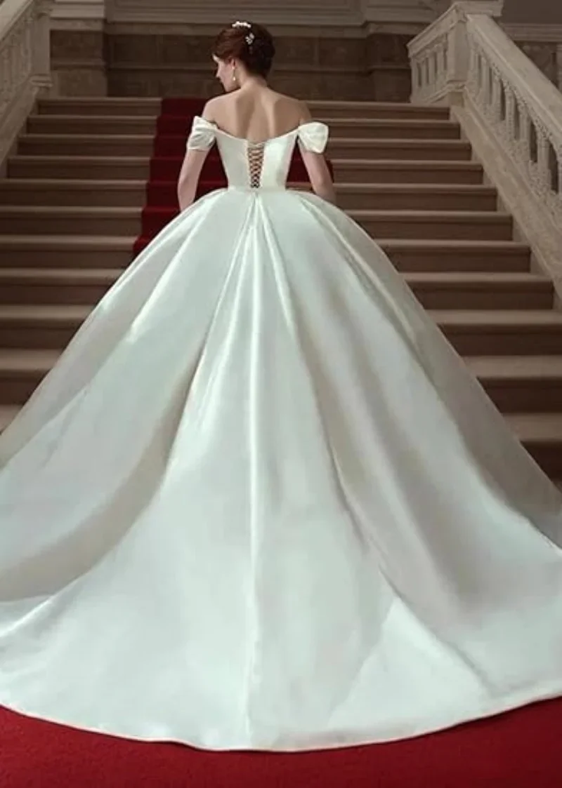 Satin Off The Shoulder Engagement Formal Ruched Wedding Dresses Ball Gown Sweetheart Cap Sleeve Bridal Gown with Court Train image 2