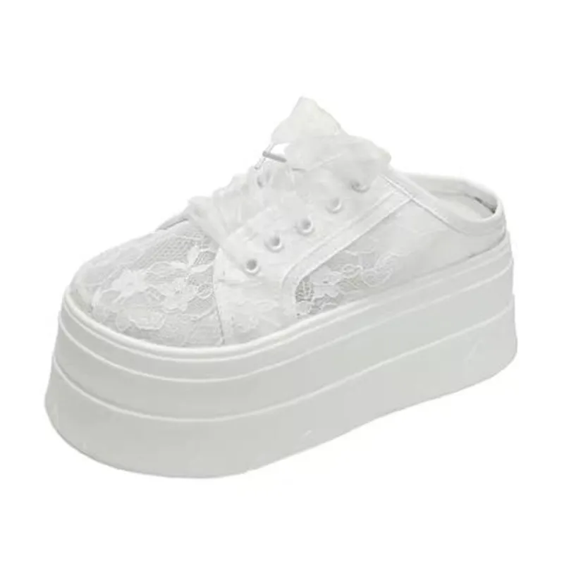 

7,5 см, новинка 2025, женские тапочки, блестящие летние женские тапочки на платформе, кружевные закрытые тапочки с бриллиантами и высоким носком, женские туфли-мулы