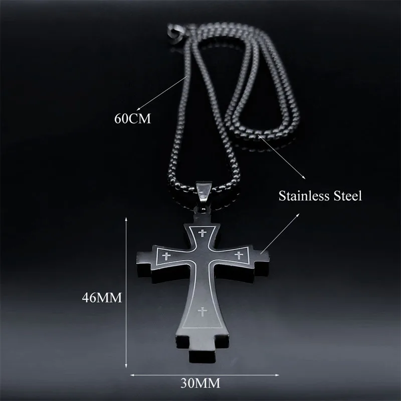 HNSP Vintage Black Cross Stainless Steel Pendant Chain Necklace For Men Jewelry Goth Accessories