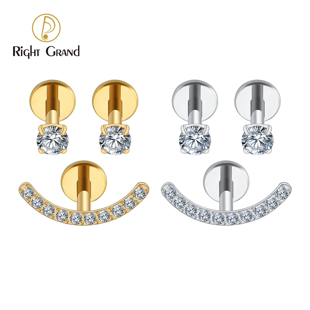 3 peças/conjunto ASTM F136 Titânio Sorriso feliz Stud Brincos 16G com zircônia cúbica rosca interna reta atrás
