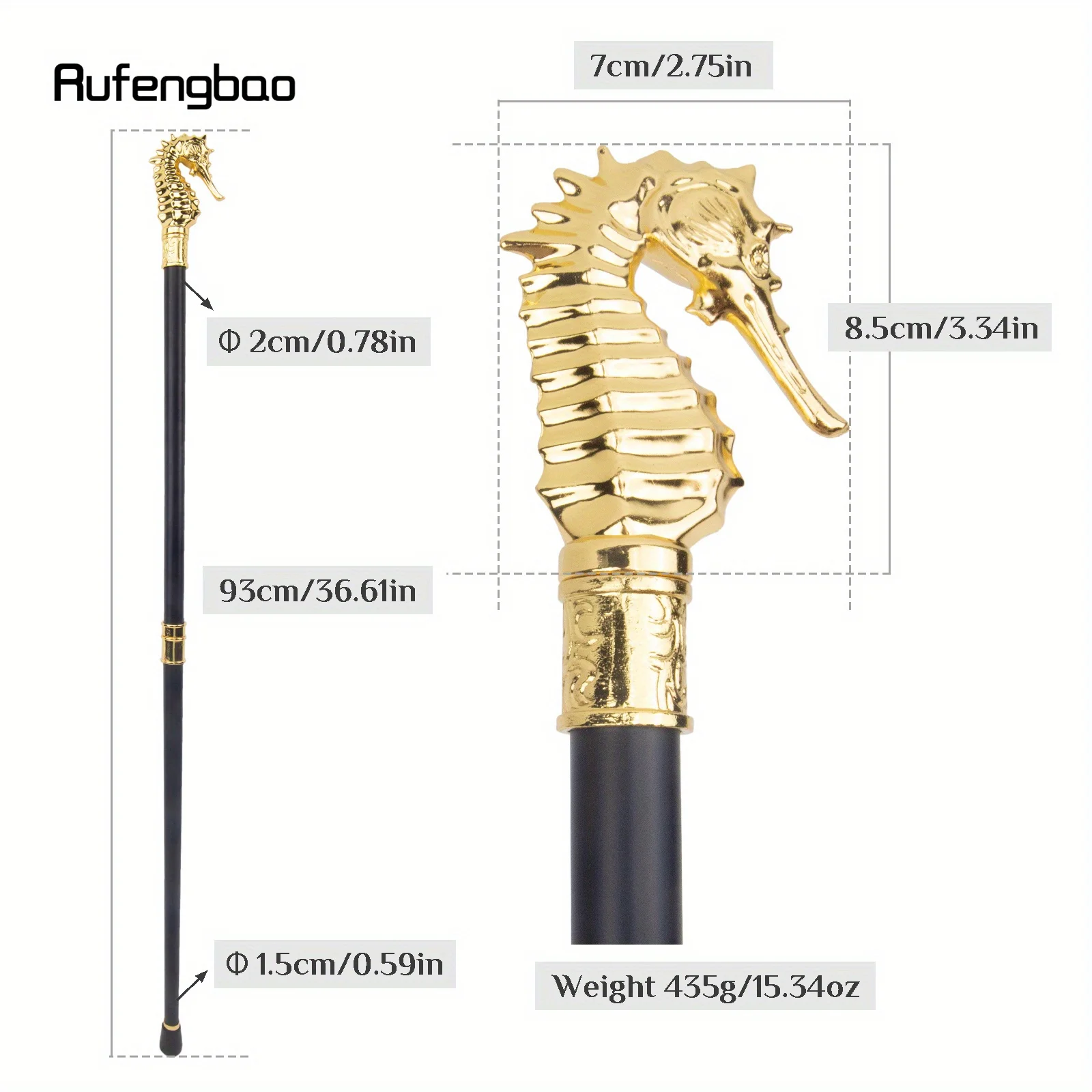 Golden Luxury Hippocampus Cane Fashion Stick Decorative Cane For Halloween For Cosplay And Parties, For Cosplay & Party