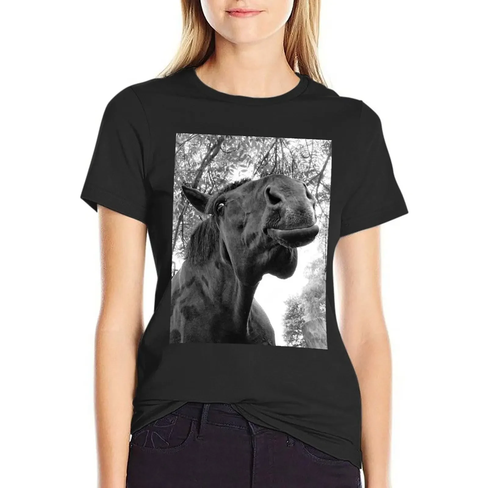 

Funny horse face Black horse T-Shirt plain funnys animal print plus size tops Woman fashion
