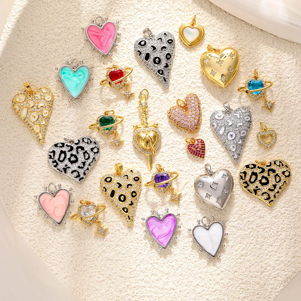 

10pcs/ Bag Copper Leopard Skin Zircon Pattern Heart Pendant Oil Drop Enamel Large Mini Heart Charm DIY Jewelry Accessories