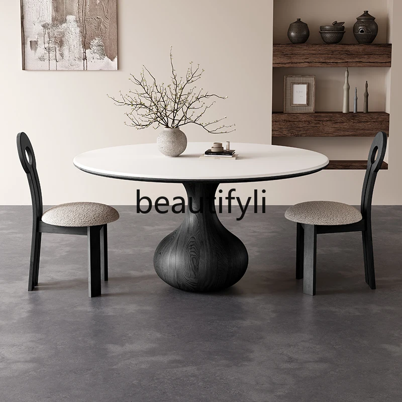 French retro style rock slab dining table with turntable Italian simple black medium and ancient style solid wood round table