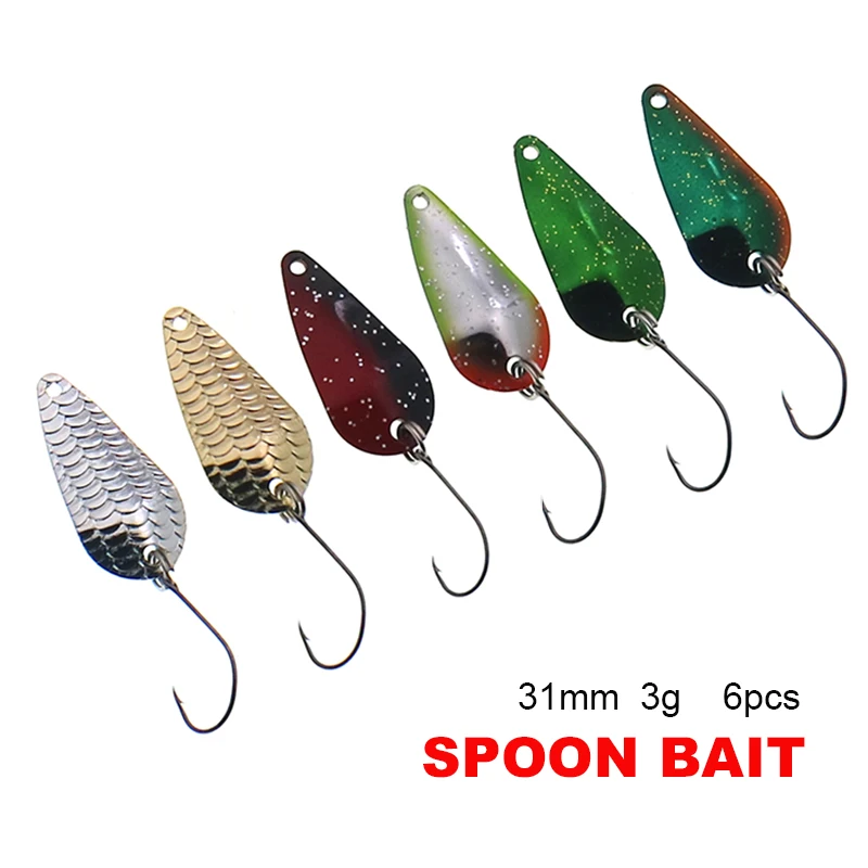 6pcs/lot 3g  Fishing Tackle Metal Spoon Lure Sharp Hook Hard Sequins Lure Bait Freshwater  Spinner Spoons