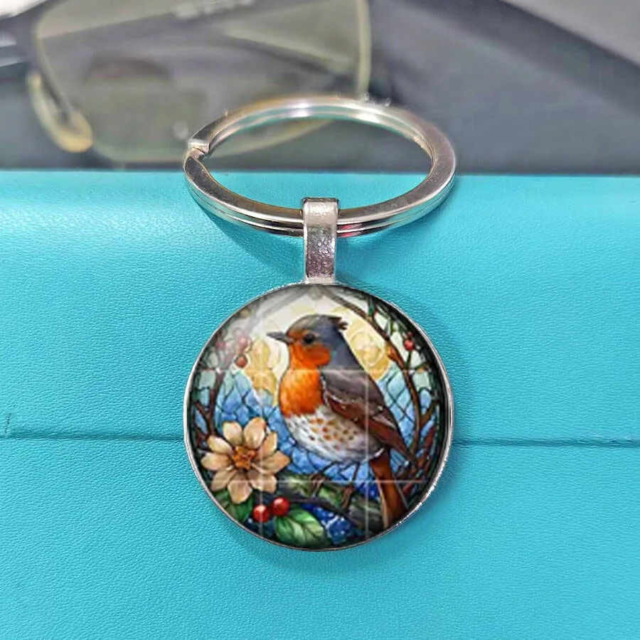 Stained Glass Winter Robin Bird With Blossom Glass Dome Keychain, Multipurpose Charm For Garden Gift Pouch, Country Handbag Gift