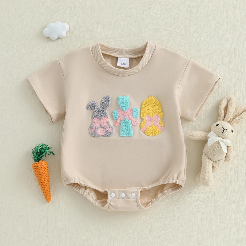 유아 아기 부활절 Romper 캐주얼 토끼 계란 자수 짧은 소매 신생아 Jumpsuit 유아 소년 소녀 귀여운 옷
