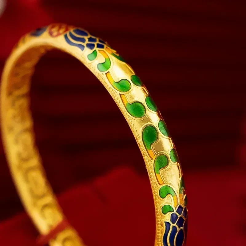 

9999 Real Gold 24K Retro Ethnic Style Women's Mom Bracelet Bracelet Women's Gold Enamel Burnt Blue Pattern Bracelet