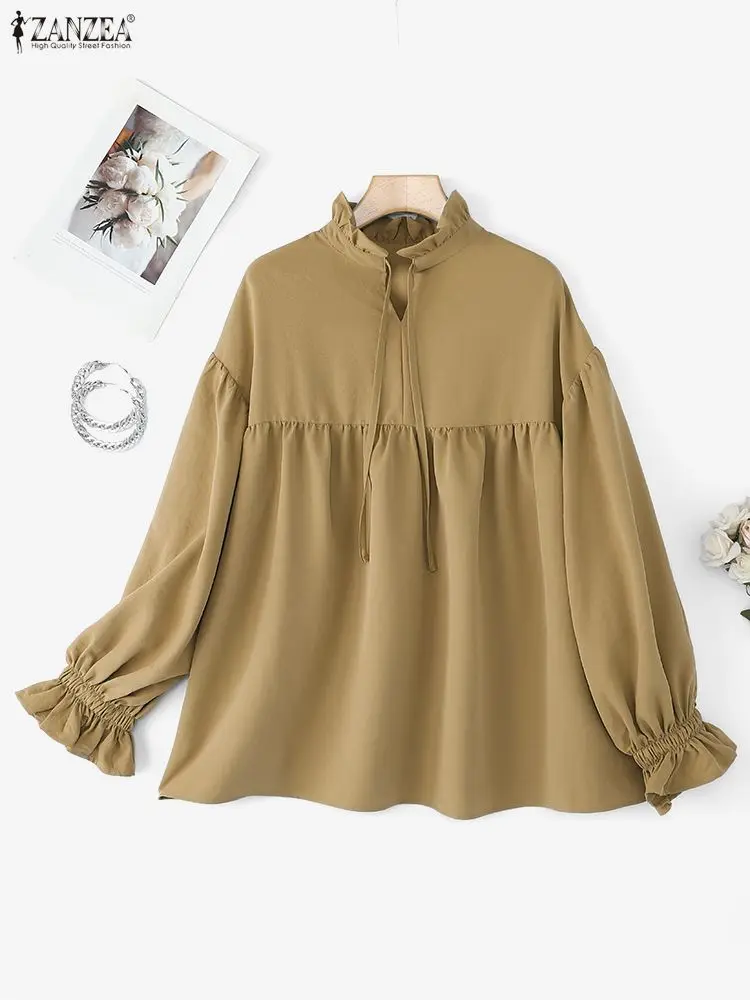Moda Ruffled Top ZANZEA Elegante Camicetta da ufficio Donna Manica lunga 2025 Autunno Lace-Up Casual Allentato Blusas Camicie solide femminili