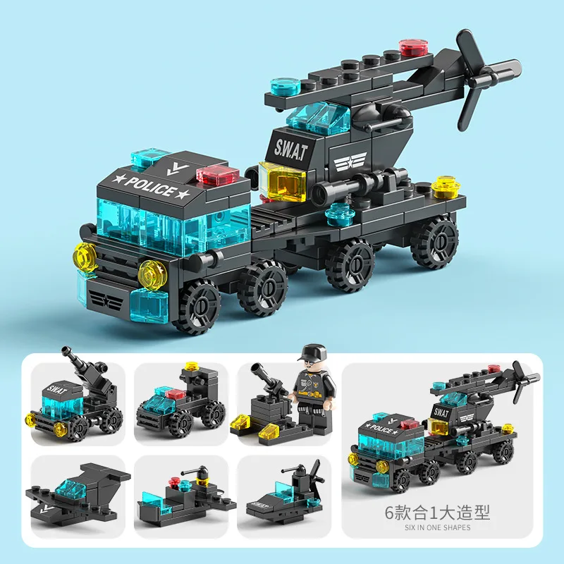 14 Styles Kids Car City Fire Car Engineering Police Truck Engineering Crane Tank Helicopter Bricks 6IN1 Set Building Blocks Toys