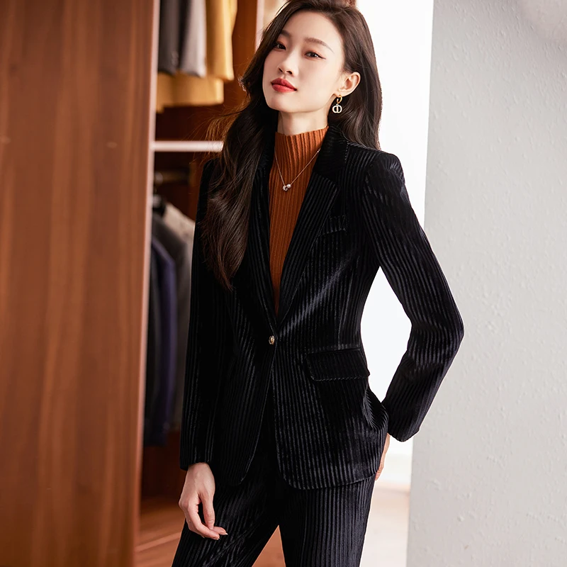 Fashion Red Green Black Blue Ladies Pant Suit Women Female Work Wear Formal Jacket Blazer and Trouser Striped 2 Piece Set