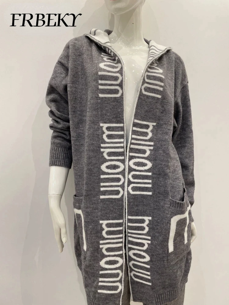 Cardigan Women Winter Printed Knitted Sweater Mid-length Pullover Hooded Cardigan Jacket Knitwears Oversized Sweater Knit Coat