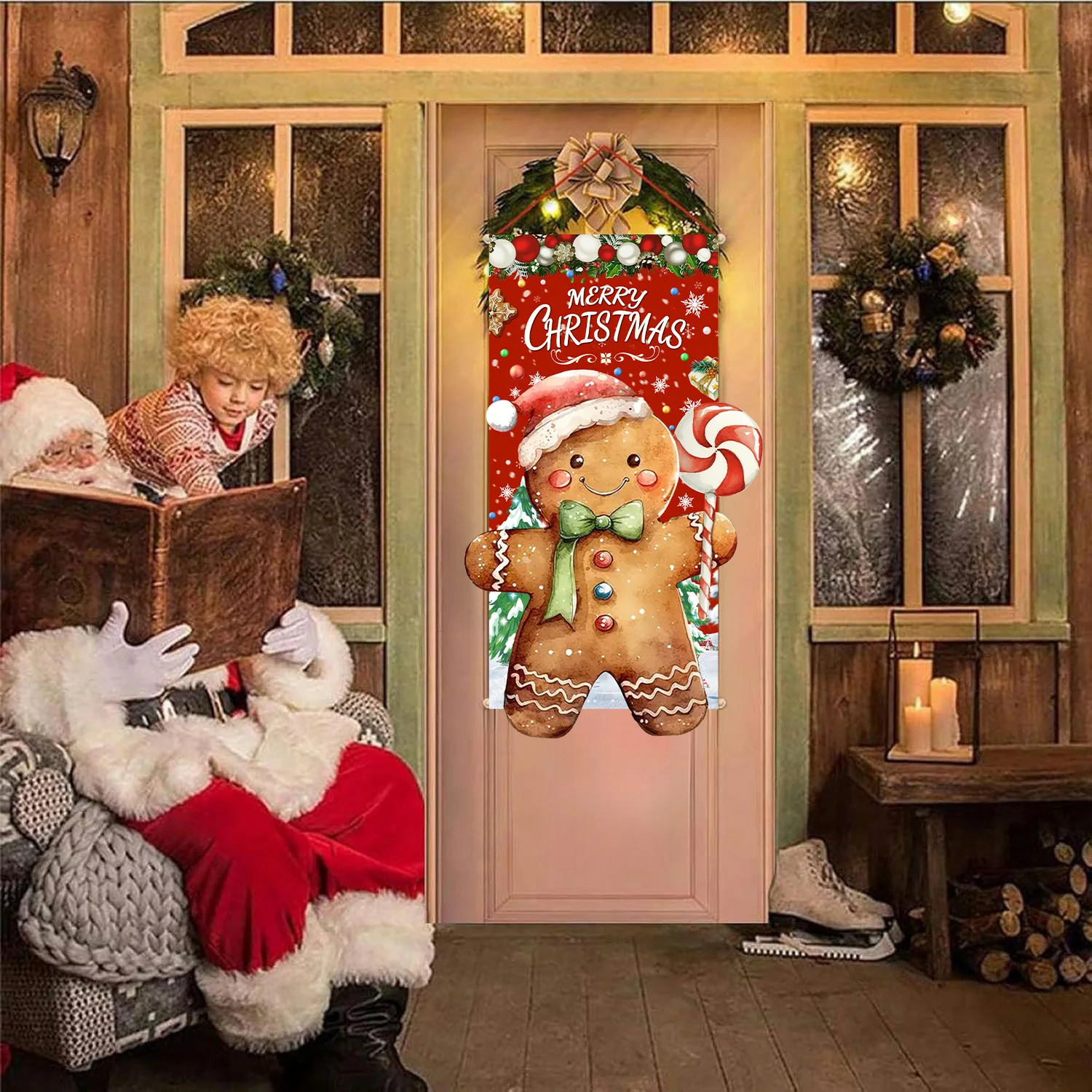 Christmas Gingerbread House Door Set Gingerbread Man Holiday Decorations Indoor and Outdoor Christmas Themed Party Decor