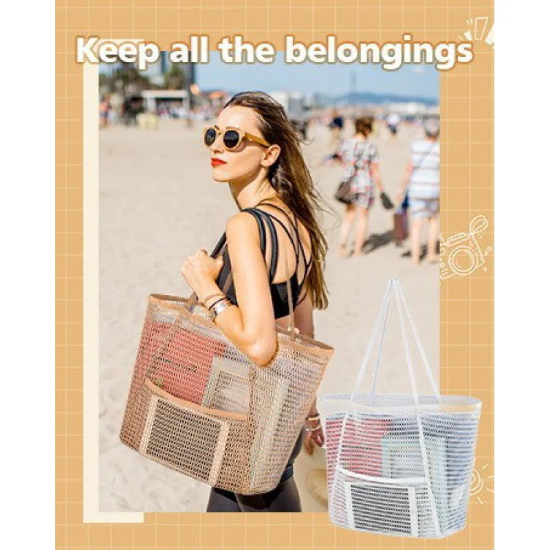 Protable Mesh Bag Large Capacity Reusable Foldable Storage Bags Swimming Beach Bag Women Makeup Organizer Shopping Handbag