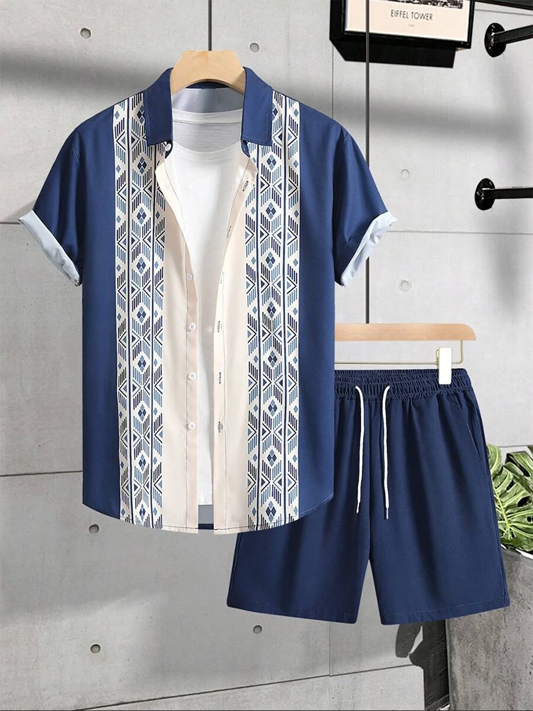 Camisa Casual de verano para hombres y pantalones cortos de playa conjunto Vintage con estampado de rayas camisa de manga corta para hombres de estilo callejero deportes cortos para hombre