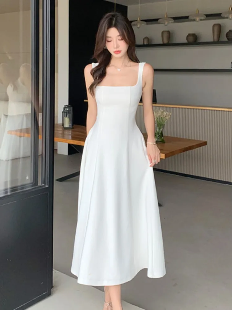 

Summer Elegant Gentle Fashion Women's Dresses Square-Collar Solid Zipper Spaghetti Strap Sleeveless Abend Kleider Party Vestidos