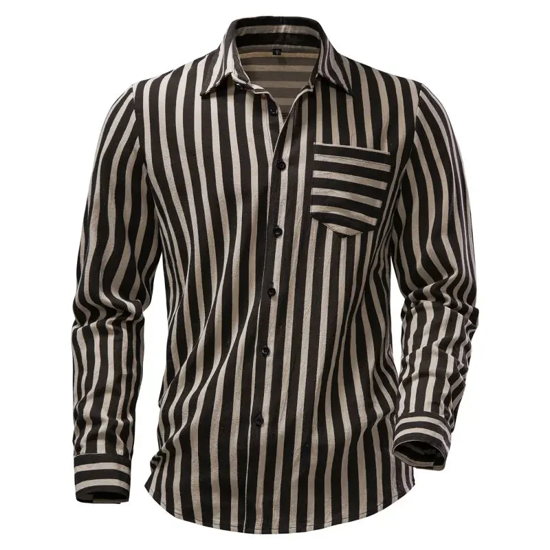 

2024 Retro Medieval Striped Shirt for Men's Casual Long Sleeved Pocket Designer Business Fashion Versatile Men's Top