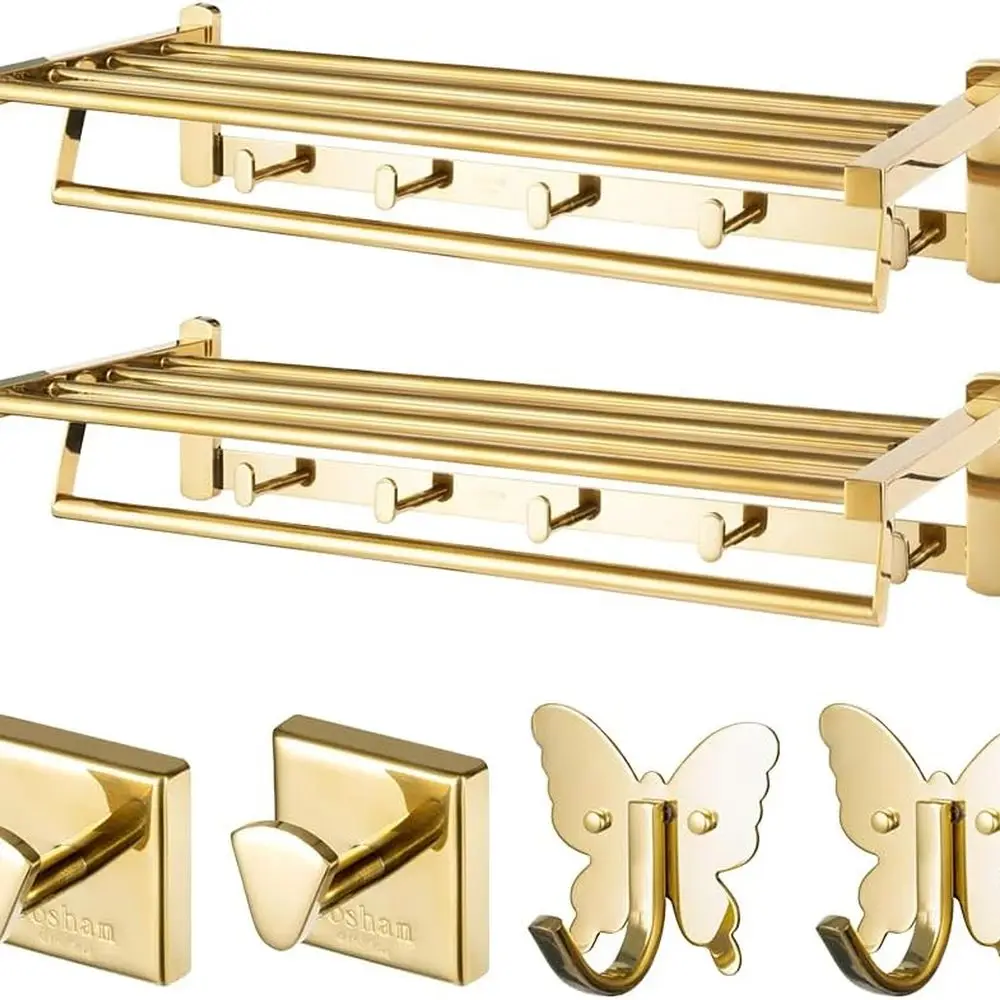 Handcrafted 6-Piece Gold Towel Rack with Polished Finish, Rust and Peel Resistant, Includes 4 Hooks