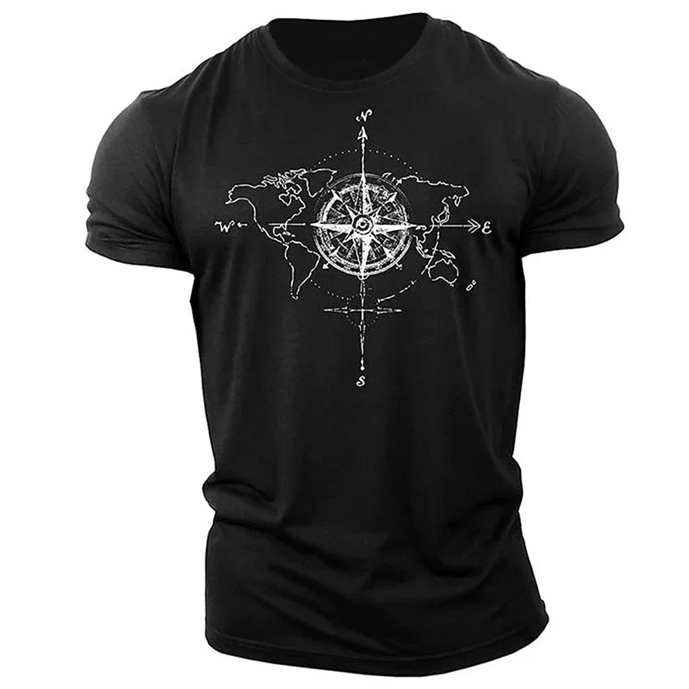 Boutique Compass Printed Short Sleeve Men's Breathable Fitness T-Shirt Men's Casual Short Sleeve T-Shirt Men's Tennis Sportswear