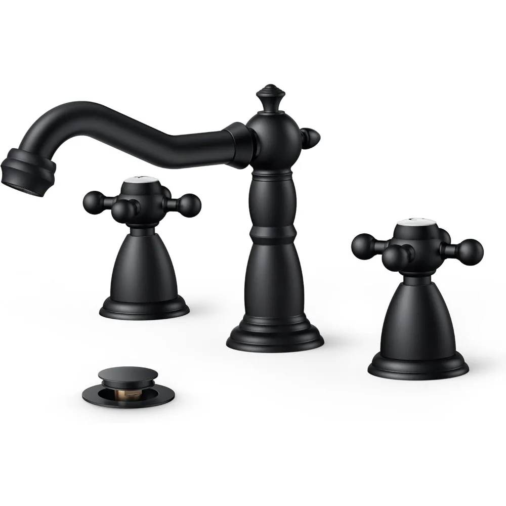 

Matte Black 8-Inch Widespread 3-Hole Brass Bathroom Faucet, Vintage Farmhouse 2 Cross Handles, Metal Drain & Hoses (RV)