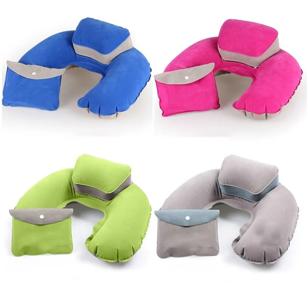 Sapphire Blue Inflatable U Shape Outdoor Pillow Neck Cushion Flocking Material Head Support Travel Camping Pillow Cushion