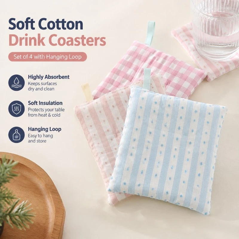 Cotton Polka Dot Coasters Set of 4, Square Absorbent Drink Coasters with Hanging Loop, Soft Insulation Pad for Table Decor and