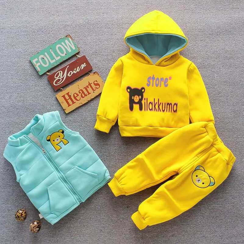 Autumn Winter Baby Boys Clothes Sets Thick Fleece Cartoon Bear Jacket Vest Pants 3Pcs Cotton Sport Suit For Girls Warm Outfits