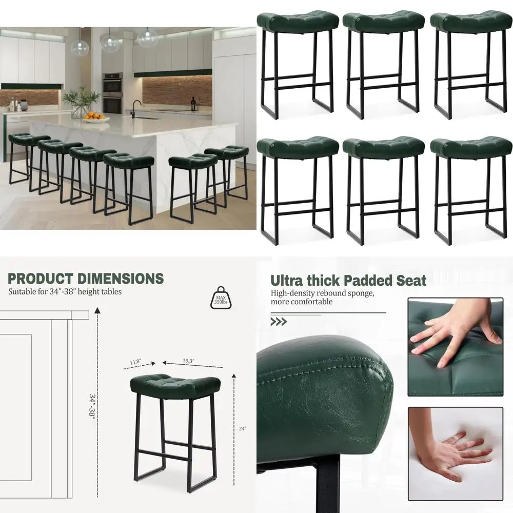 주방 카운터 스툴 6개 세트, 높이 24인치, 등받이 없음, 쿠션 처리된 인조 가죽 시트