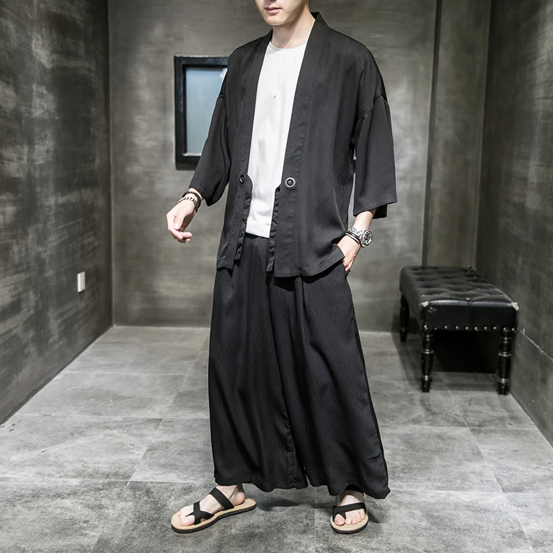 

Summer Men's Set Pure Color Casual Sportswear Men Kimono Shirt + Wide Leg Pants 2-piece Oversized Streetwear Clothing M-XXXXXL