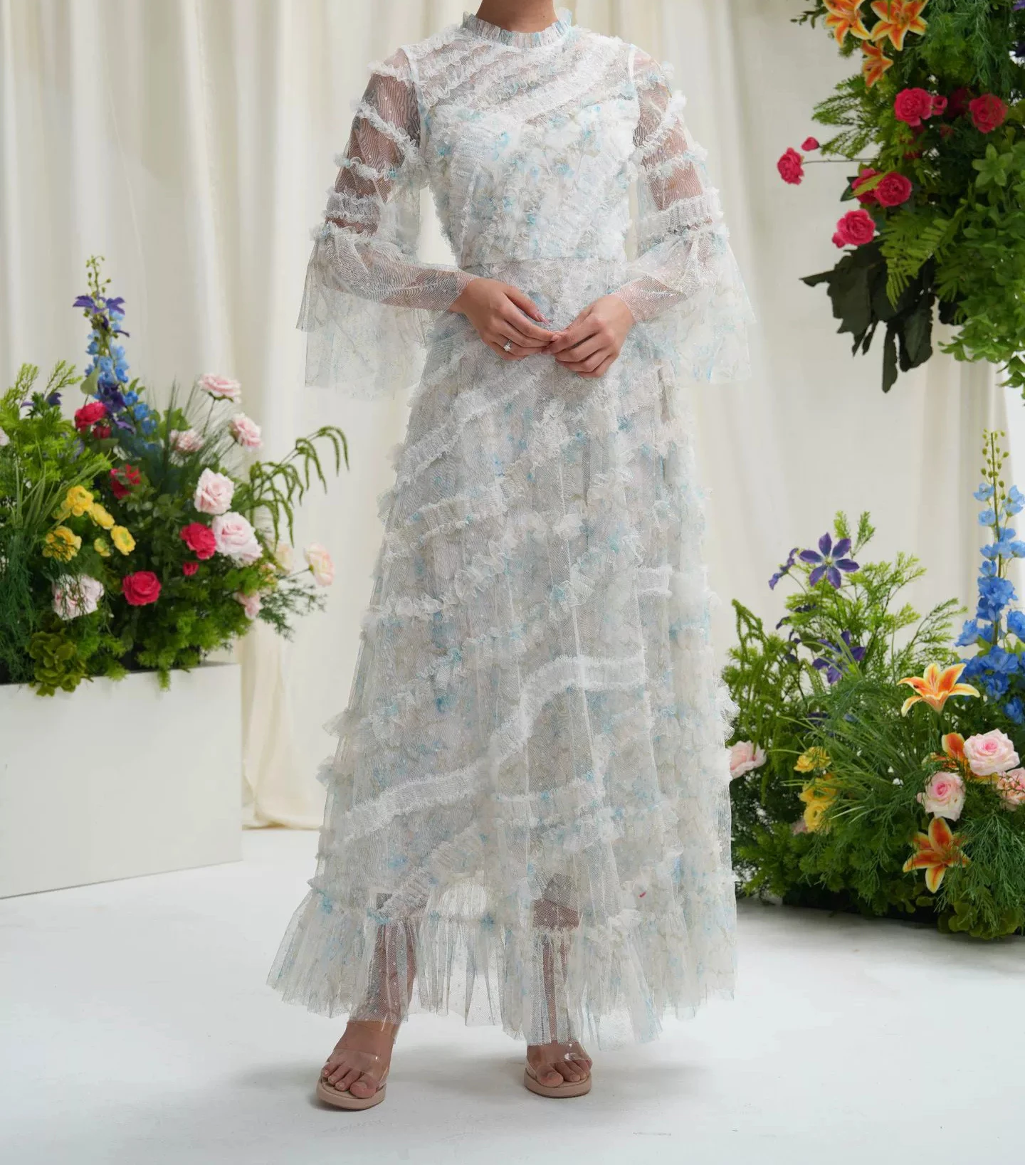 

2025 European fashion banquet dress long skirt round neck mesh splicing layered swing slim dress-GZXX486