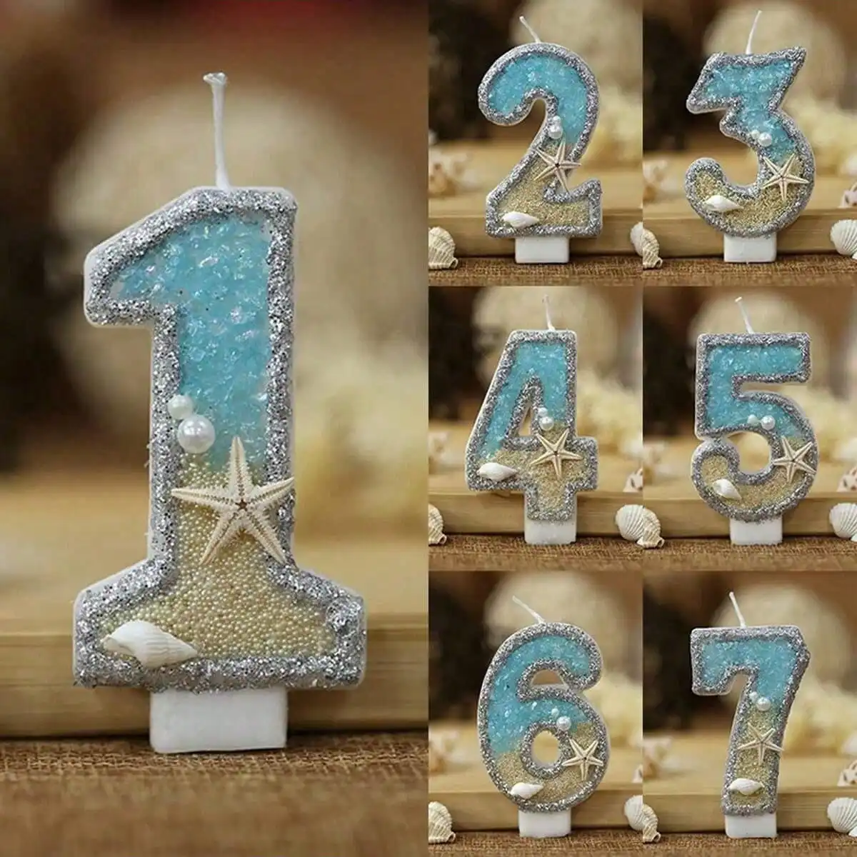 0-9 Digitale Glitzer Kerze Kuchen Topper Sommer Strand Seestern Geburtstag Kuchen Dekoration Kerzen Ozean Themen Party Kuchen Dekoration – Detail 2