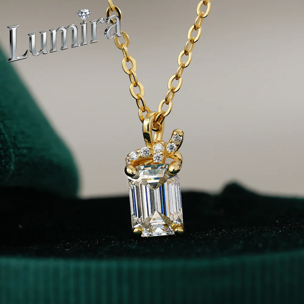 Lumira 18K Gold 1-Carat Rectangular Pendant Necklace for Women, Emerald-Cut Moissanite Full-Setting Collar Necklace