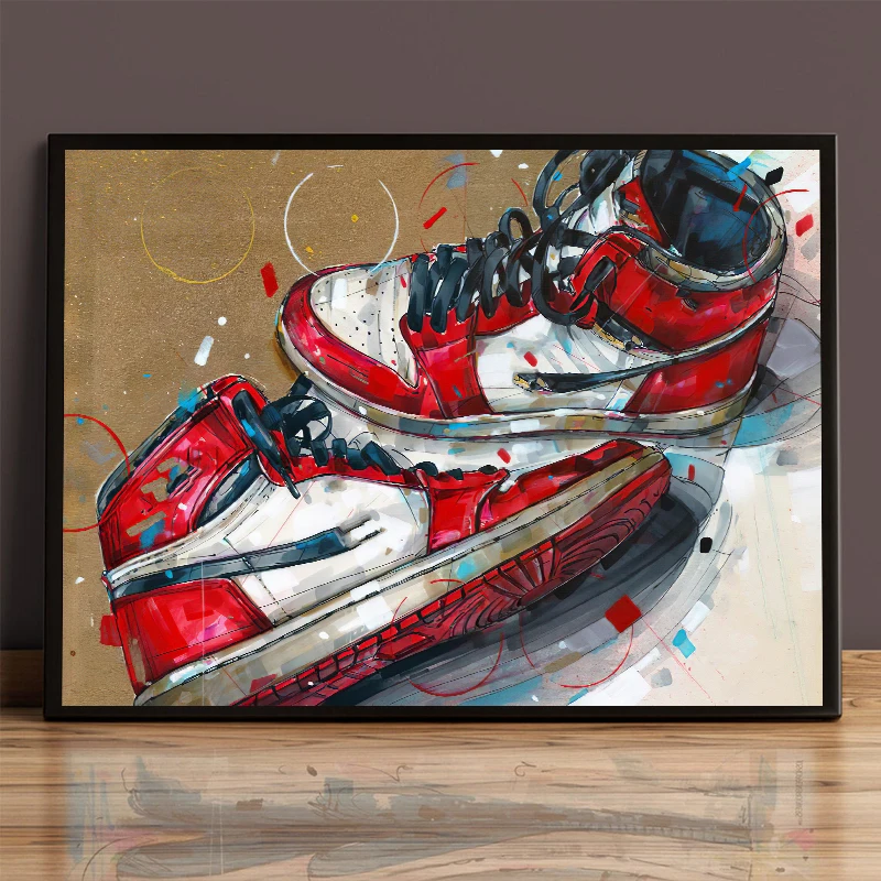 Graffiti Trendy Sneakers Canvas Painting, Retro High Sports Shoes, Basketball Posters and Prints, Wall Art for Office,Home Decor