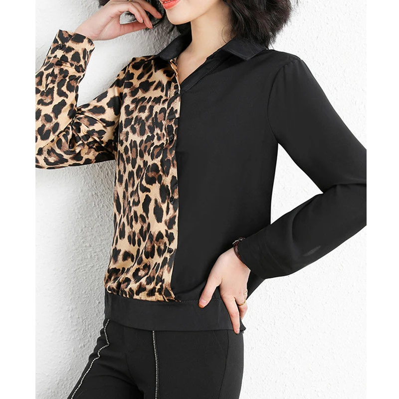 2024 Spring Autumn Women Fashion Leopard Print Patchwork Asymmetrical Shirts Vintage Elegant Chic Blouses Long Sleeve Loose Tops