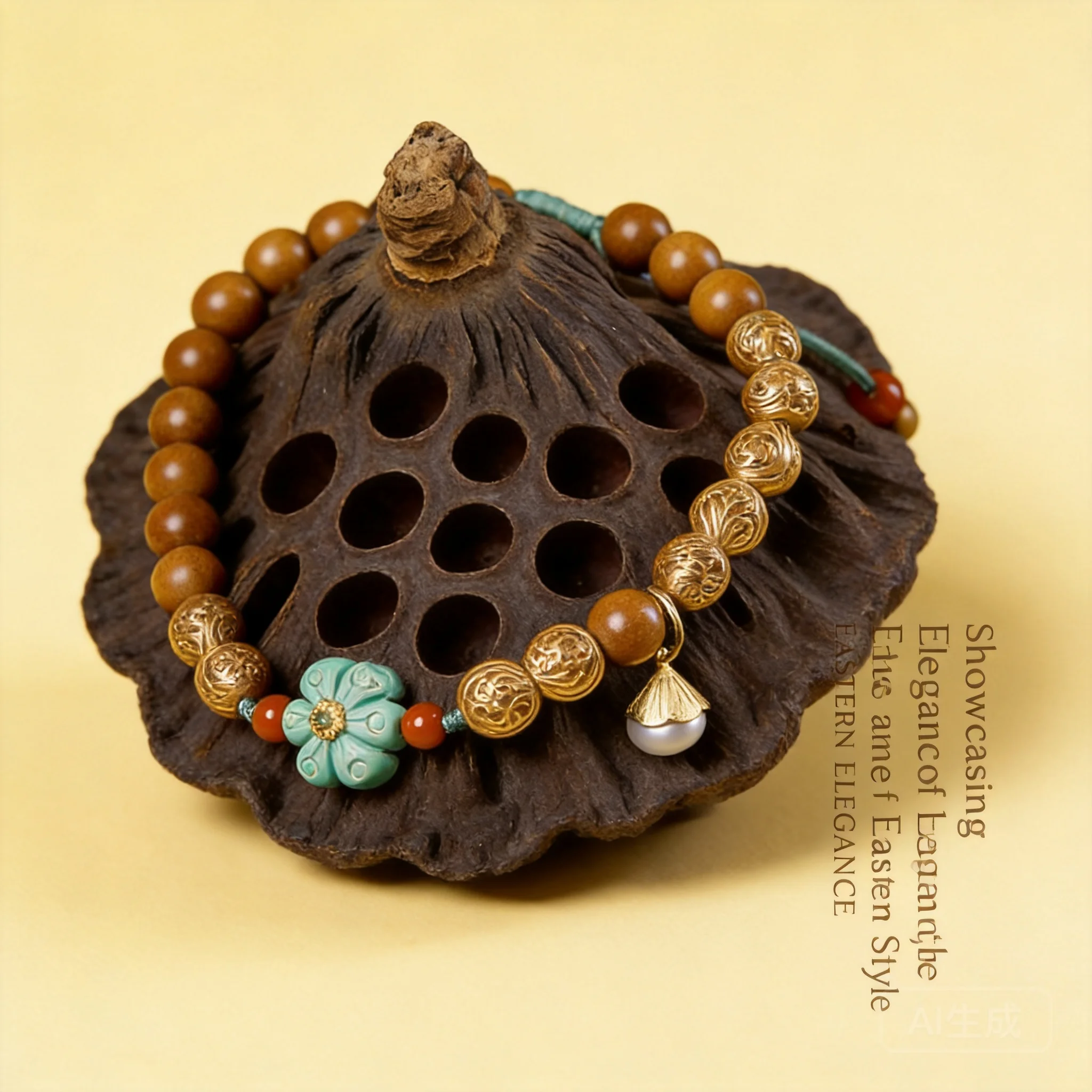 Chinese Style Lucky Sandalwood 6mm Beaded Bracelet Turquoise Flower Charm Pearl Pendant Blessing Wealth Women Ethnic Jewelry Gif