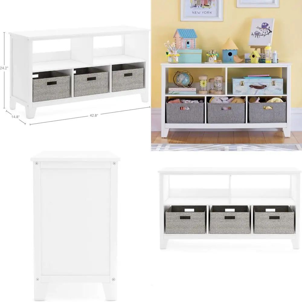 

24 Linen White Kids' Bookcase with Fabric Bins, Wooden Storage Organizer for Playroom & Bedroom