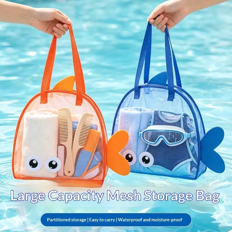 Cute Cartoon Large Capacity Storage Bag Foldable Breathable Mesh Sand Digging Toy Organizer Pouch For Travel Outdoor Sports