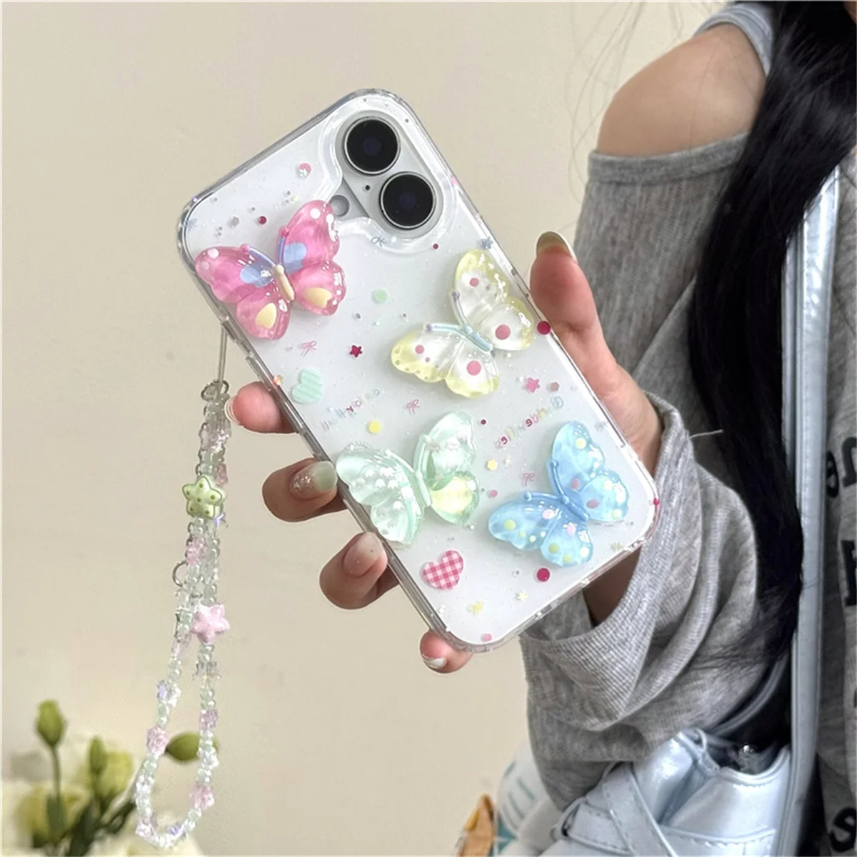 

Korean Cute 3D Flower Butterfly Phone Case For iPhone 16 Pro 15 14 13 Pro Max Back Cover Shockproof Lovely Cases