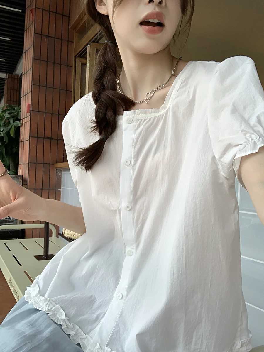 

Holli Sweet Square Collar Bubble Sve ort irt Women's Top Summer 2025 New Sle Commute Loose Fit Pure Color Splice