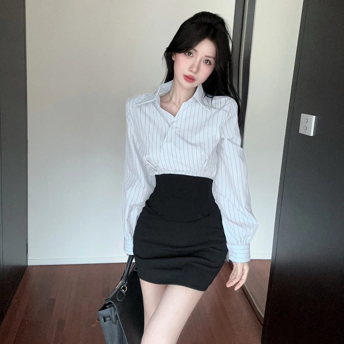 Pure Desire Spicy Girl V-ne Stripe Casual Profional irt Set Vita alta Fibone ort Gonna Autunno Inverno Faion Ense...