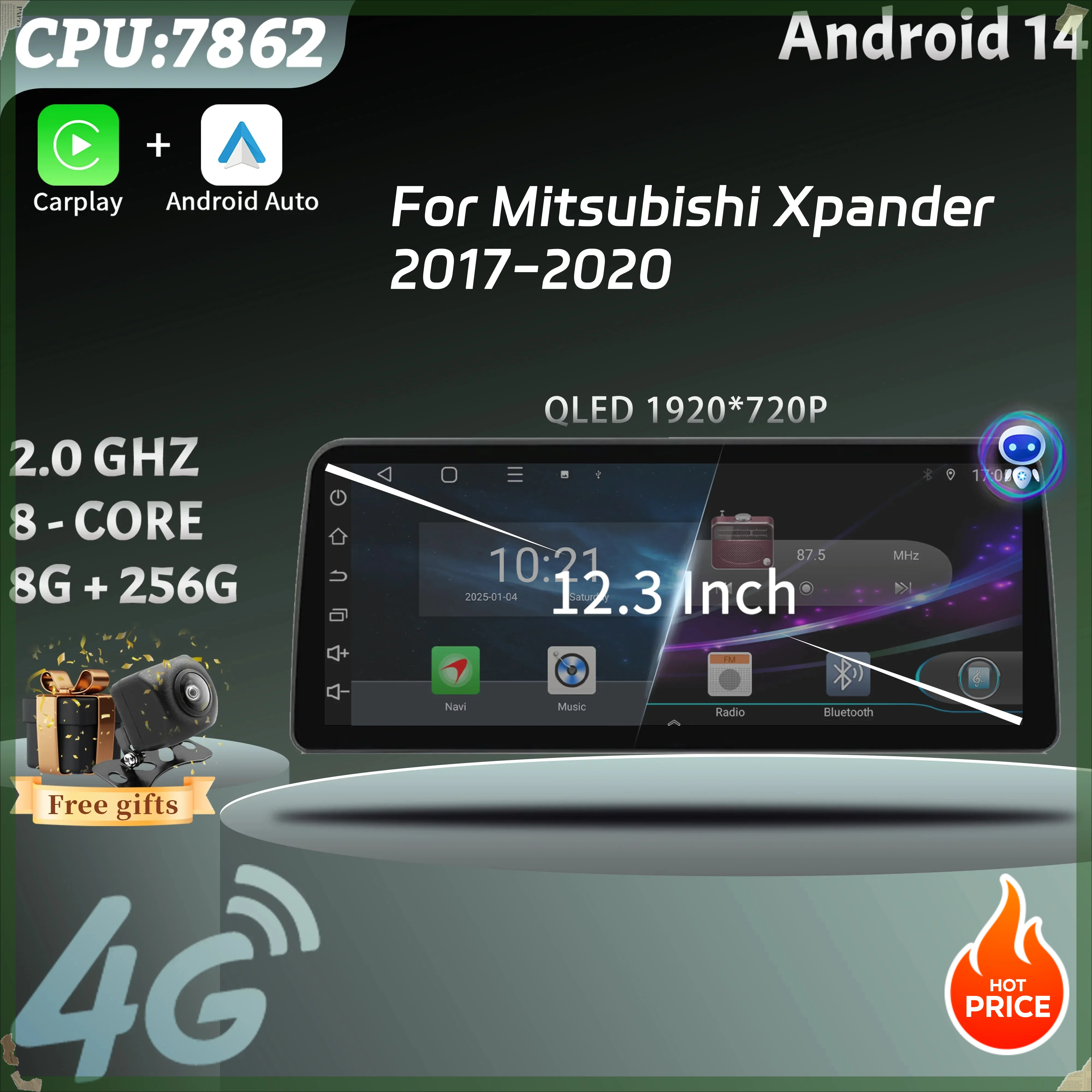 12.3inch Android 14 Car Radio Multimedia 4G GPS Stereo Navigation Wireless BT Carplay Screen For Mitsubishi Xpander 2017-2020