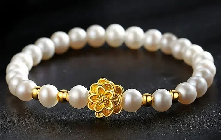 Eldorado Gold  24k gold charm bracelet gold bracelet 999 real gold lotus charms + pearl +gold beads bracelet for women 0.2g lotu