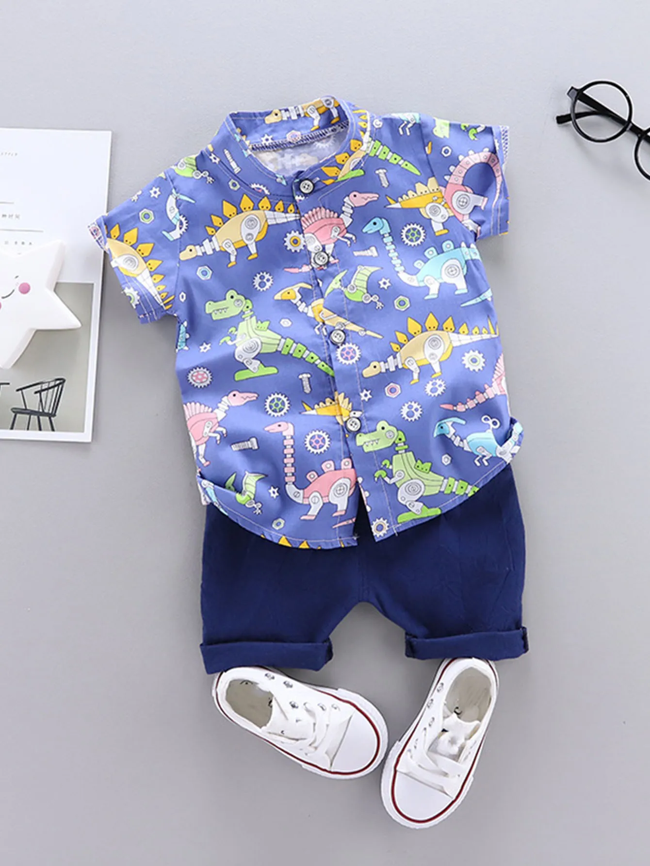 2PCS baby and toddler summer full print cartoon machine dinosaur pattern standing collar shirt short sleeved shorts set