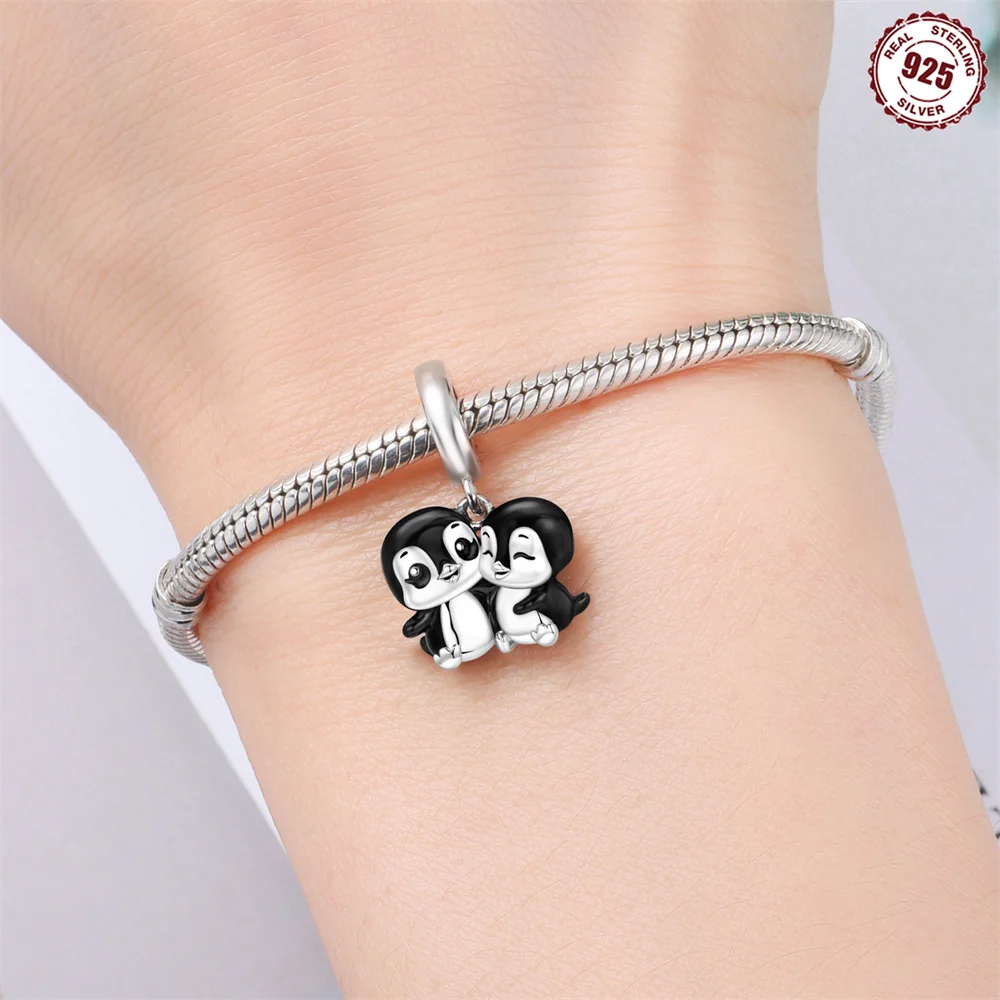 S925 Sterling Silver Adorable Couple Penguin Charm Best Friends Dangle Pendant Fit Bracelets Cute Animal Jewelry Gift for Women