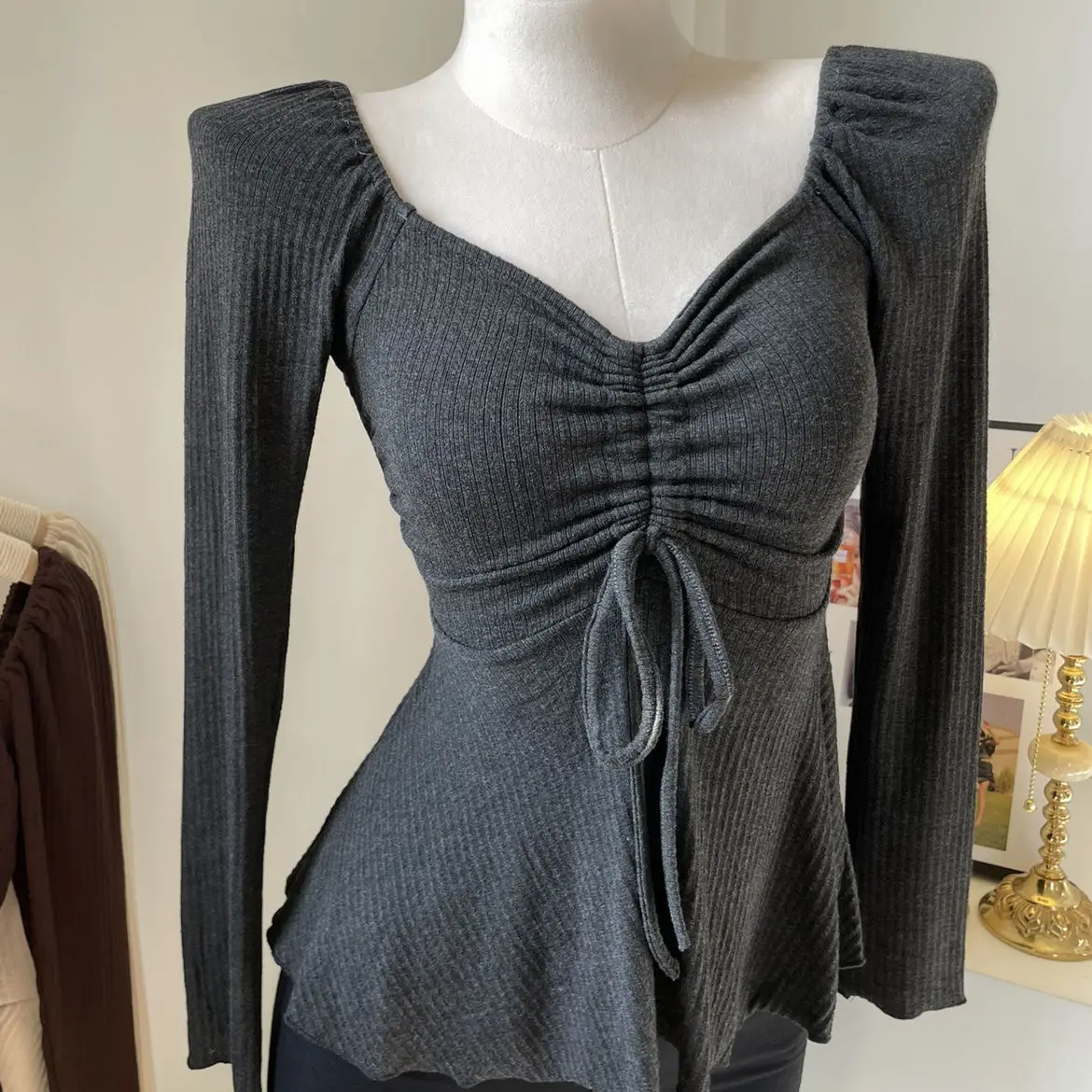 

Autumn Winter Base Shirt Women in Autumn Drawstrings to Look Slim Versatile Temperament V-neck Pullover Elegant Top Wearing