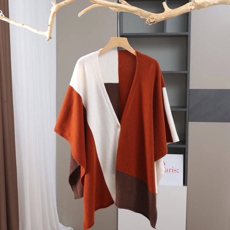 

100% Wool Knitted Shawl Cloak New Cardigan Coat Warm Scarf Color Matching Fashion Cloak Joker