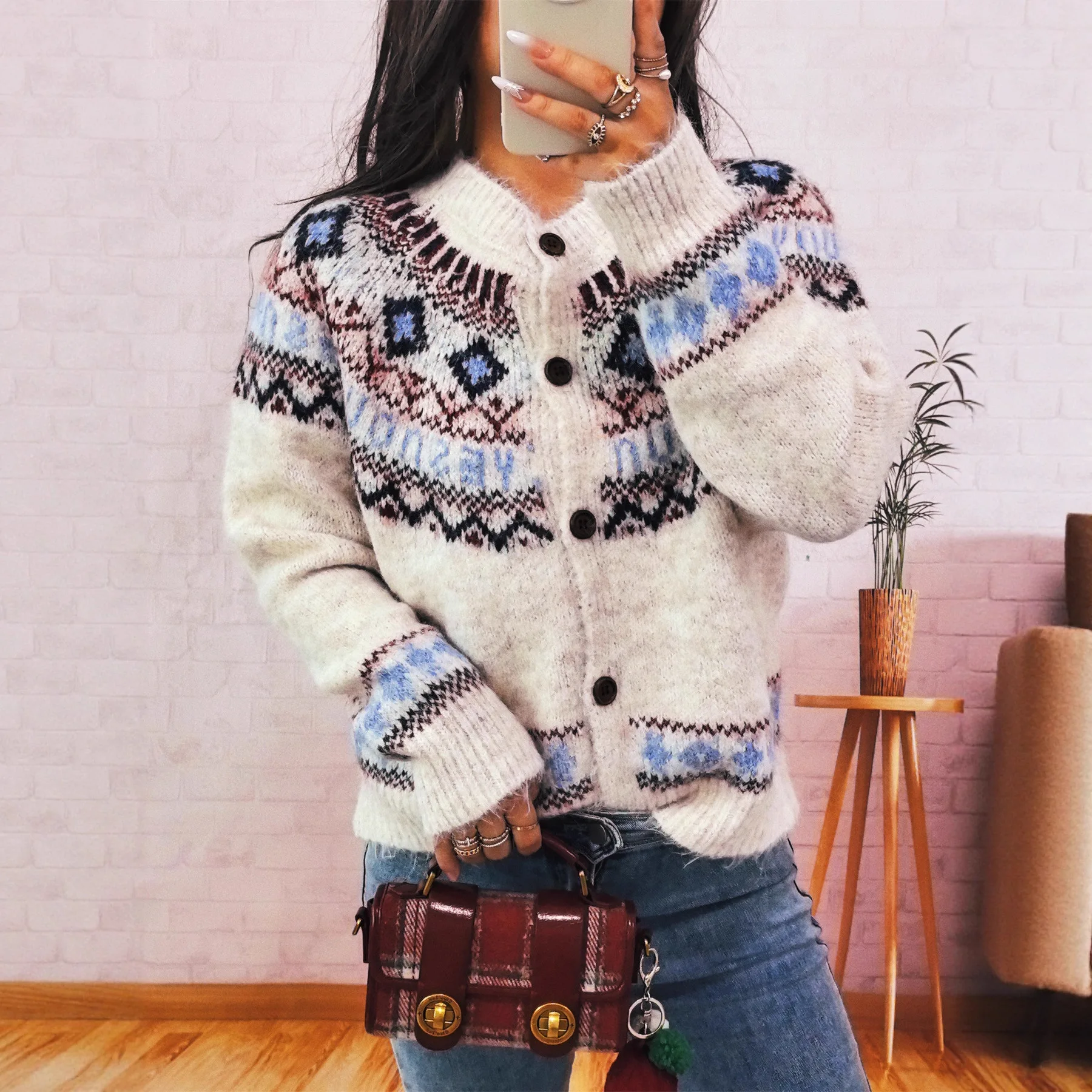 เสื้อคาร์ดิแกนไหมพรมถักลายวินเทจ คอทรงโอ แขนยาว ติดกระดุมแถวเดียว สำหรับผู้หญิง  คอลเลคชั่นฤดูใบไม้ร่วง-ฤดูหนาว